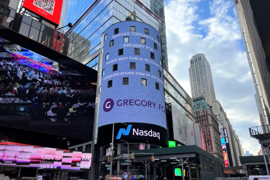 Gregory FCA ETF Express Times Square Nasdaq best public relations and communications firm award