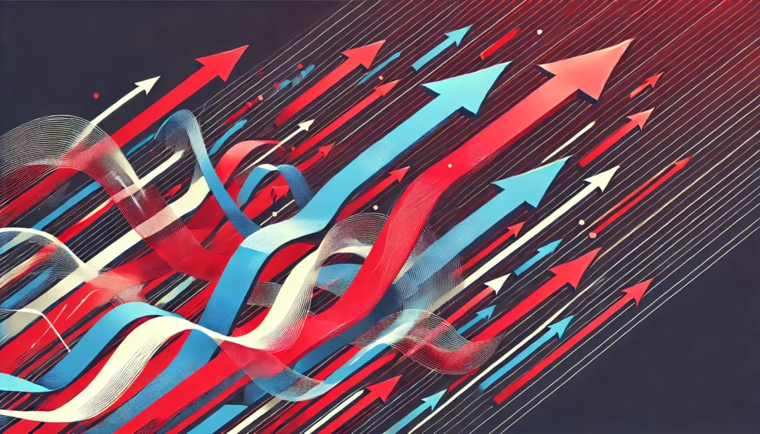 DALL·E 2024-07-10 15.05.41 – A dynamic illustration of red and blue arrows in motion, resembling trending market lines from a stock market performance graph. The arrows follow com