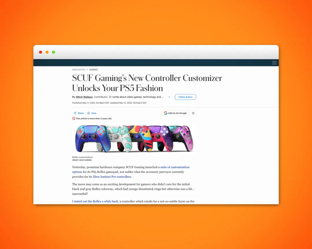 Media coverage example that Gregory obtained for SCUF Gaming