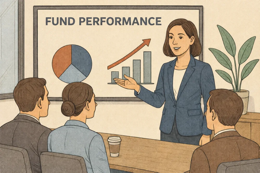 Illustration of a financial professional presenting fund performance to three colleagues, with a pie chart and rising bar graph displayed on a screen behind her.