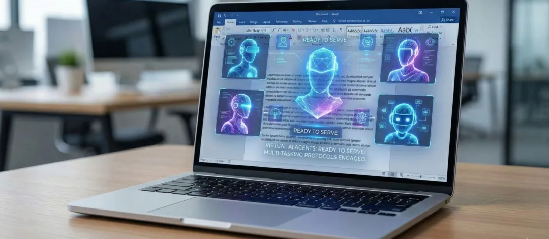 AI agents are coming. Are we ready Laptop on a desk displaying holographic AI agent avatars and interface panels, illustrating that AI agents are coming and will coordinate tasks in everyday workflows.