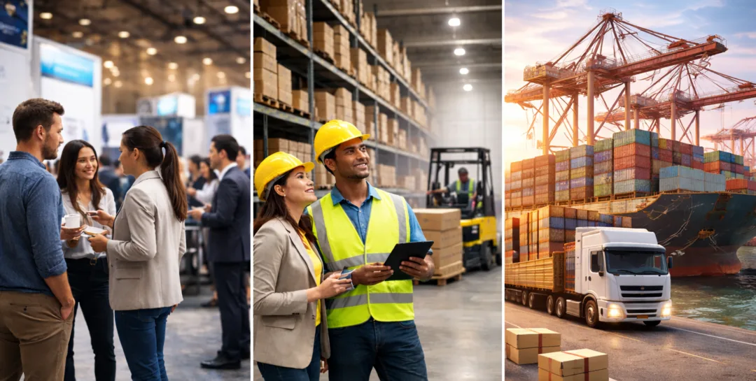 Manifest 2026 The Bar Is Higher-v2 Three-panel image of a logistics trade show, warehouse team, and container port with cranes and a truck.
