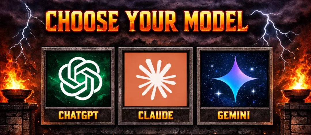 Why the AI Model Matters More than the Tool Graphic with the headline “Choose Your Model” showing three options, ChatGPT, Claude, and Gemini, each represented by its logo in a dramatic lightning and fire themed design.