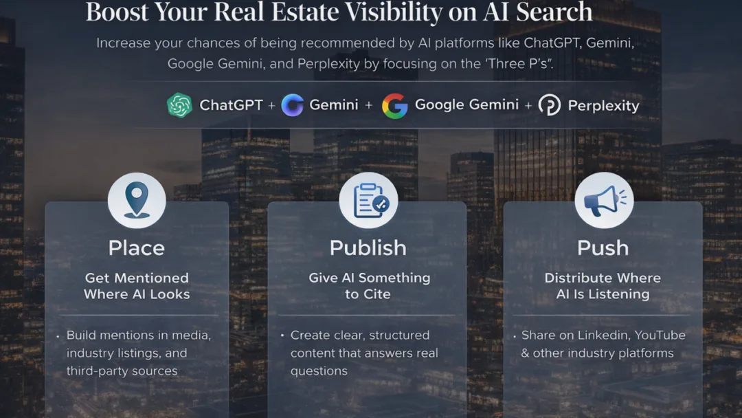 Why AI Search Matters for Real Estate and How to Start Showing Up – 032626 Graphic showing how real estate firms can improve AI search visibility using the three P framework Place, Publish, and Push across ChatGPT, Gemini, Google Gemini, and Perplexity.