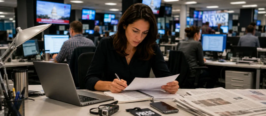 Journalist reviewing printed copy in a newsroom