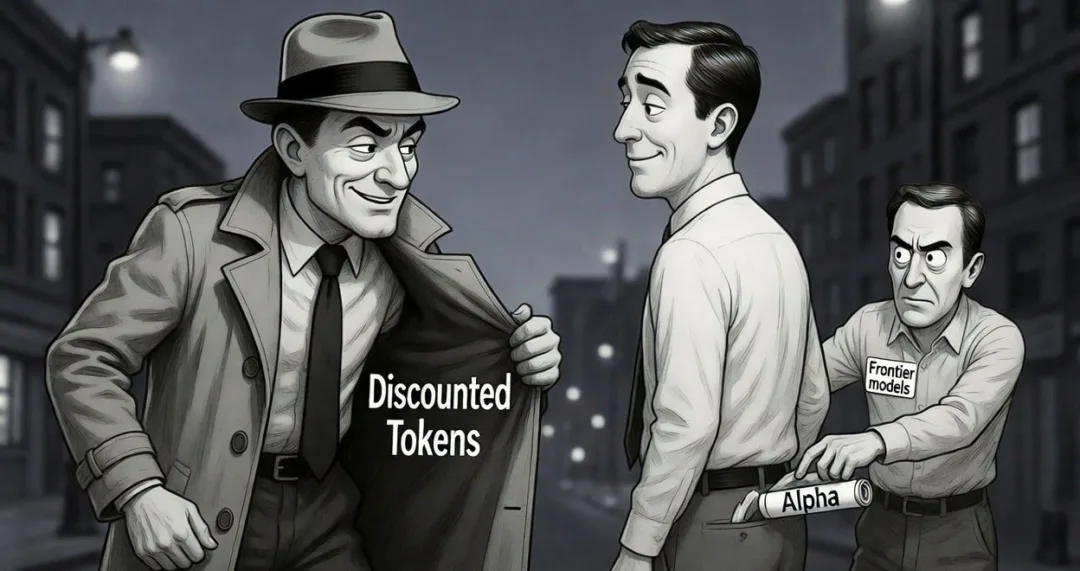 AI models stealing alpha A trench-coated dealer offers discounted AI tokens while a suspicious frontier-models rep reaches for the alpha tucked in an unsuspecting mark's pocket.